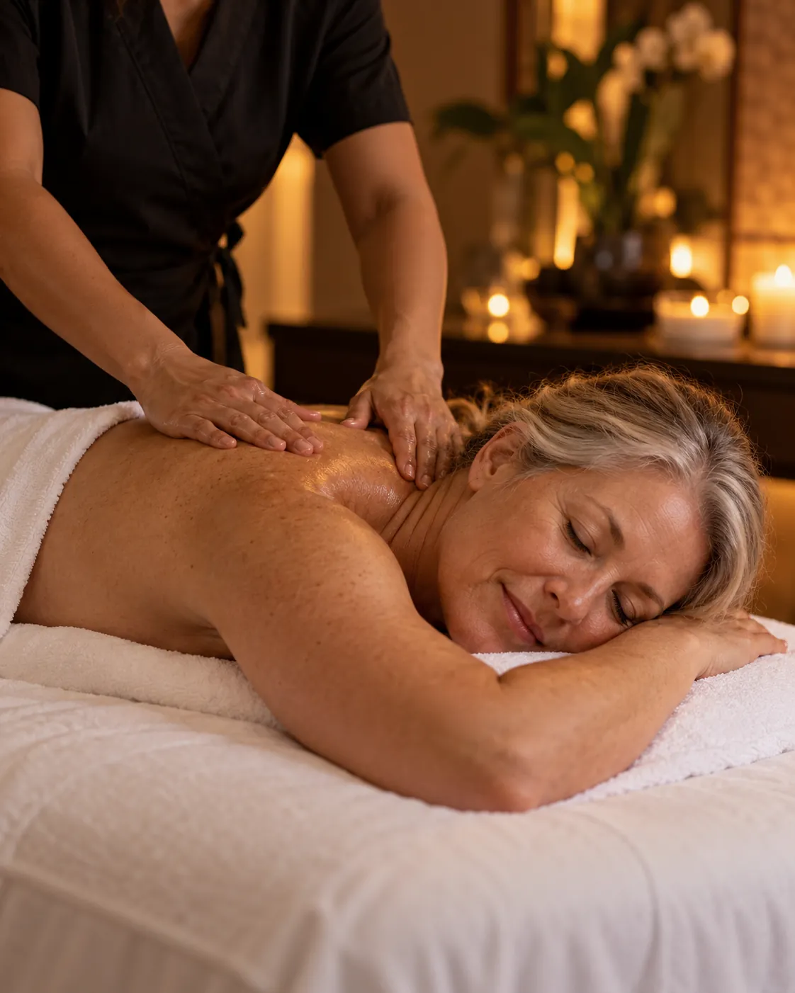 Massage therapist working on a relaxed client