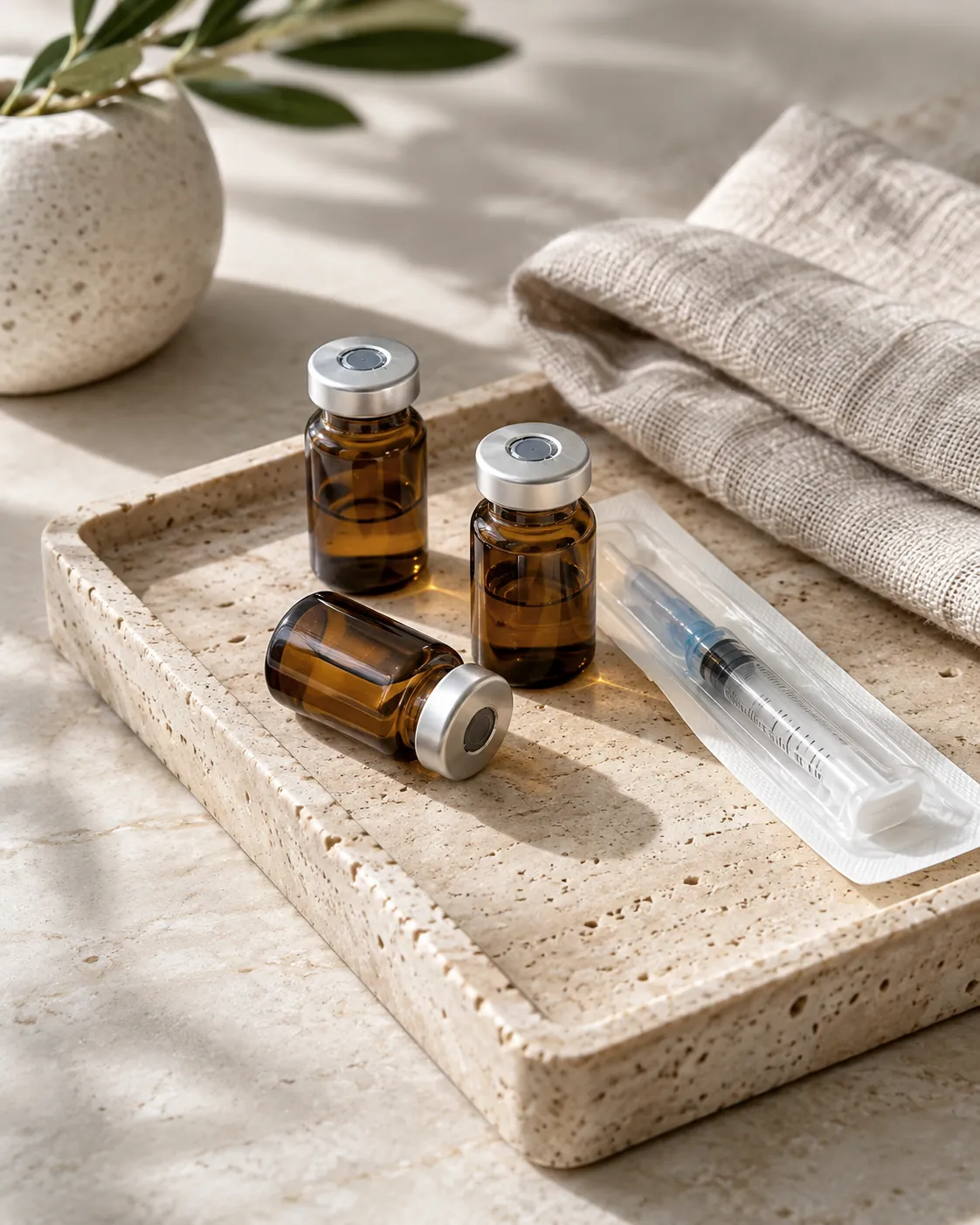 Amber glass vials and a syringe on a travertine tray